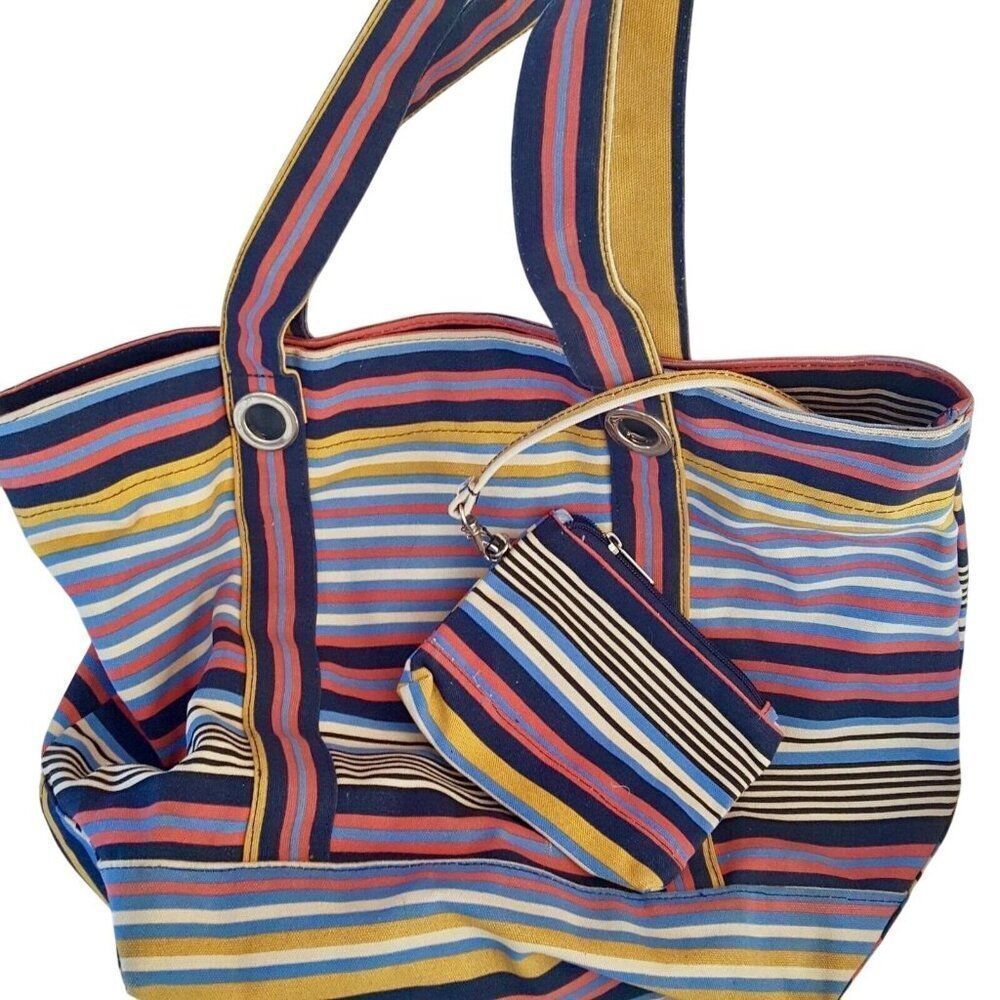 Womens Beach Bag Pink Blue Multicolor Canvas Tote Change Purse Striped